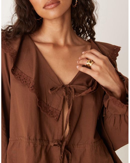 ASOS Brown Cotton Tie Front Ruffle Boho Blouse