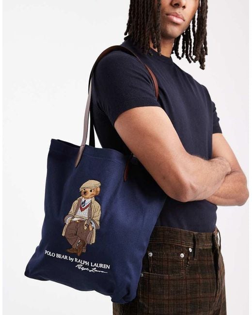 Polo Ralph Lauren Blue Heritage Bear Canvas/leather Medium Tote Bag for men