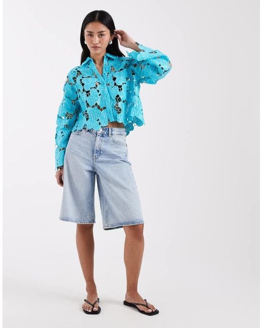 River Island Blue Cutwork Sequin Shirt Co-Ord