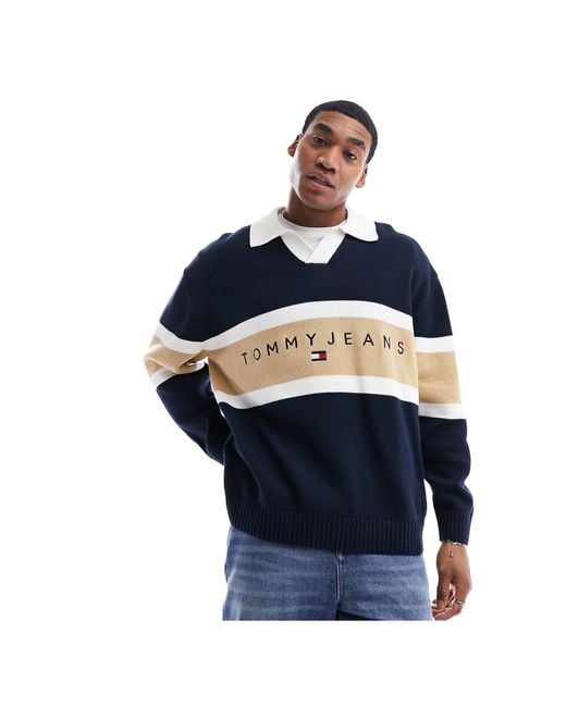 Tommy Hilfiger Blue Relaxed Knitted Trophy Neck Rugby Shirt for men