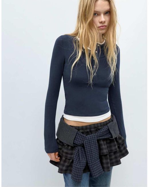 Pull&Bear Blue Double-Layer Button-Detail Top