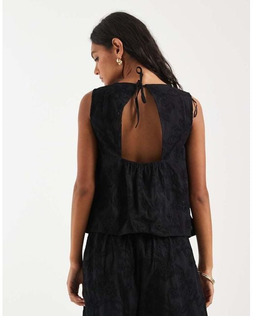 Pieces Black Tie Back Sleeveless Broderie Top