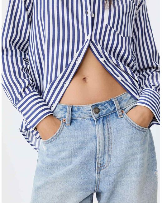 Stradivarius Blue Basic Striped Poplin Shirt With Pocket