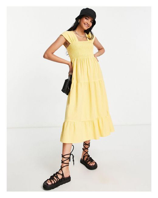 Vero Moda Shirred Midi Dress in Yellow | Lyst