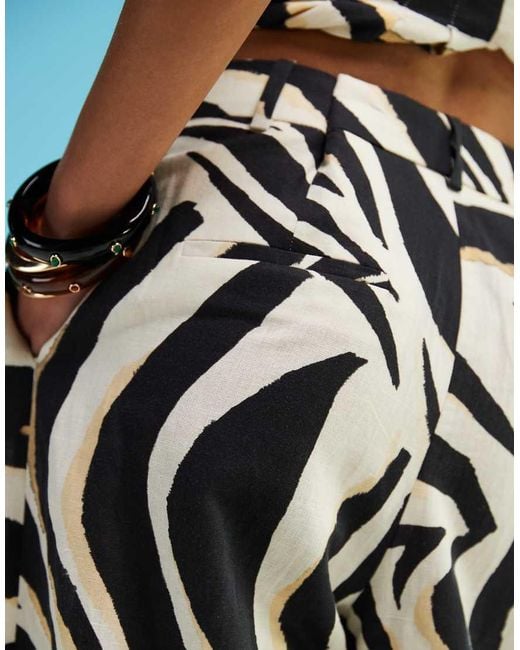 Mango Blue Zebra Wide Leg Linen Mix Trousers Co-Ord