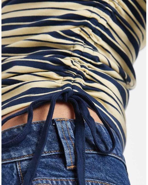 ASOS Blue Ruched Detail Tie Side Boat Neck Long Sleeve Top