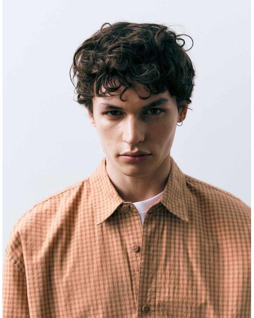 Pull&Bear Orange Check Shirt for men