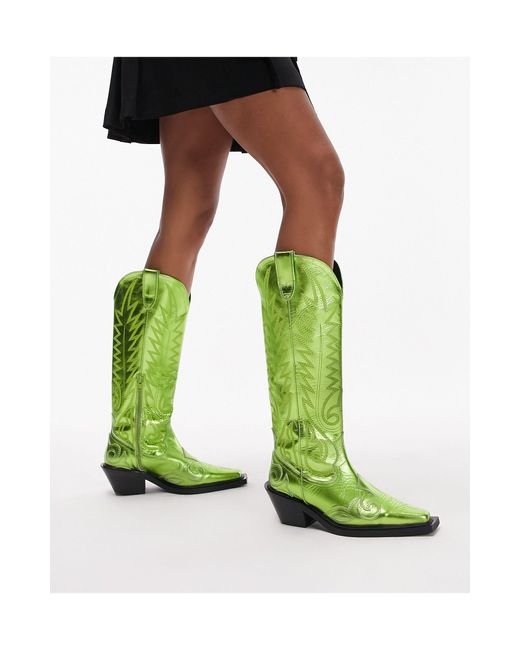 TOPSHOP Bailey Premium Leather Western Boot in Green | Lyst