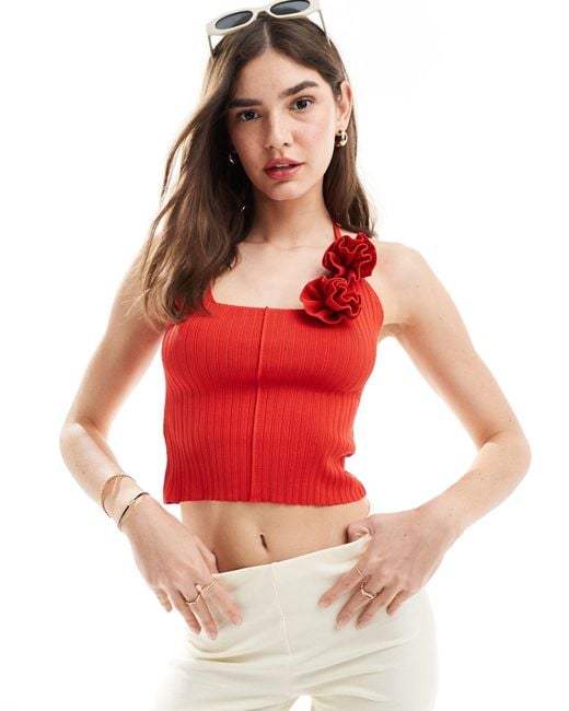ASOS Red Knitted Crop Halter Top With Rose Detail