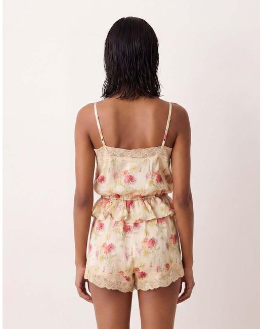 ASOS Natural Satin Playsuit With Lace Trims