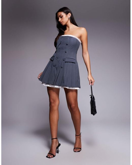 ASOS Blue Tailored Bandeau Blazer Mini Dress With Pleated Poplin