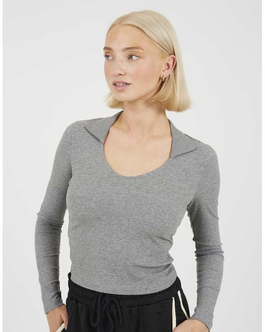 Brave Soul Gray Ribbed V-Neck Collared Top