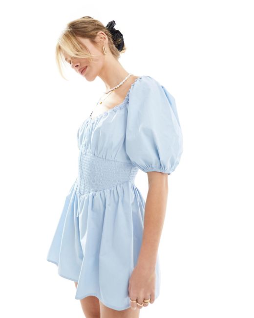 ASOS Blue Poplin Shirred Waist Balloon Sleeve Playsuit With Lace Neck Detail