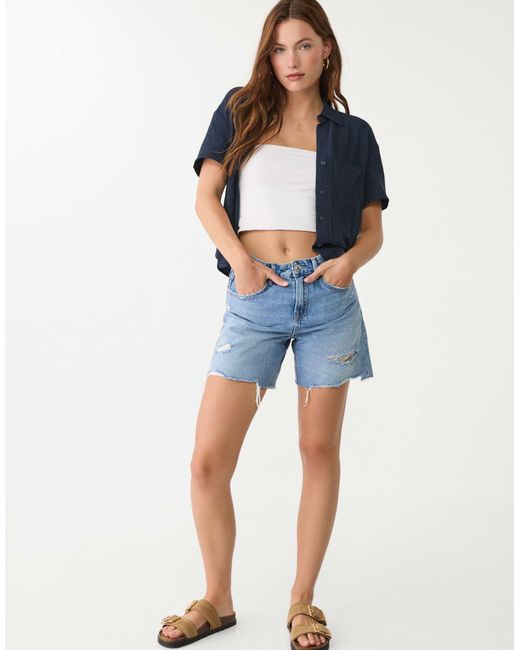 Stradivarius Blue – kurzärmlige hemdbluse aus leinenmix