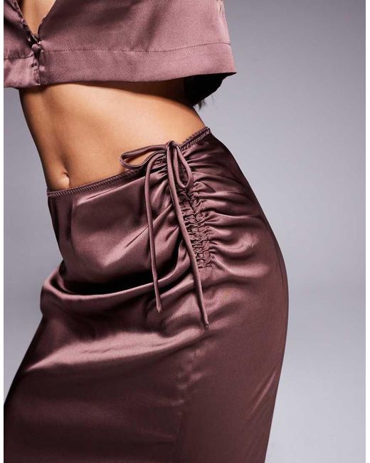 ASOS Purple Ruched Detail Satin Co-Ord Maxi Skirt