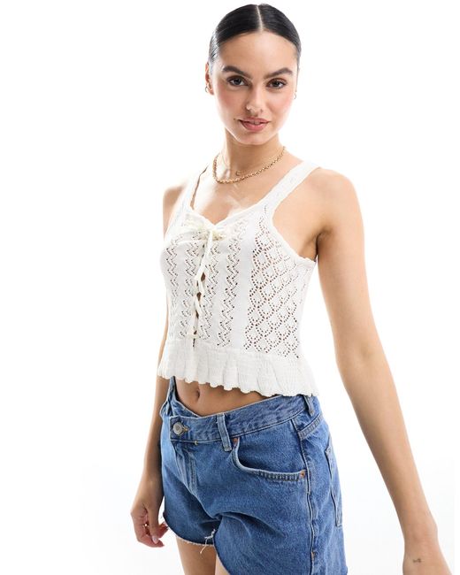 Miss Selfridge White Crochet Contrast Satin Lace Up Bow Cami