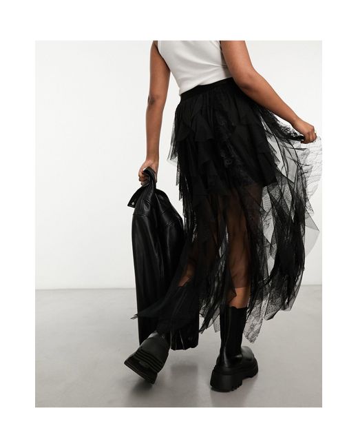 Miss Selfridge Black Ruffle Mixed Lace Midi Skirt