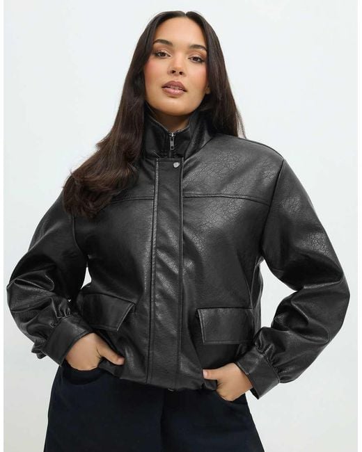 Yours Clothing Black Faux Leather Funnel Neck Jacket
