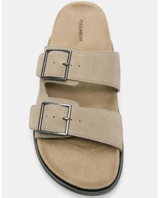 Pull&Bear White Buckled Leather Flat Sandals for men