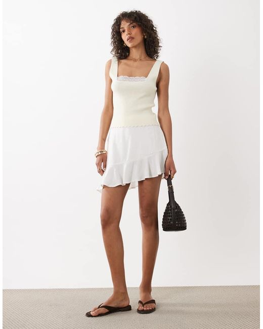 Miss Selfridge White Ribbed Knit Sleeveless Tank Top With Lace Trim