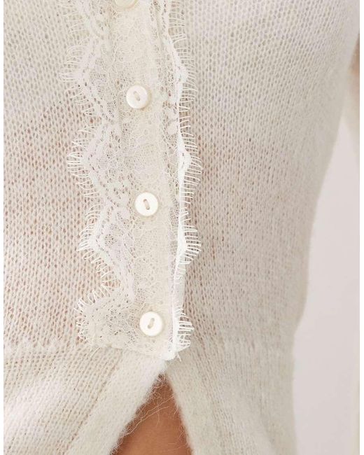 Mango White V Neck Cardigan With Delicate Lace