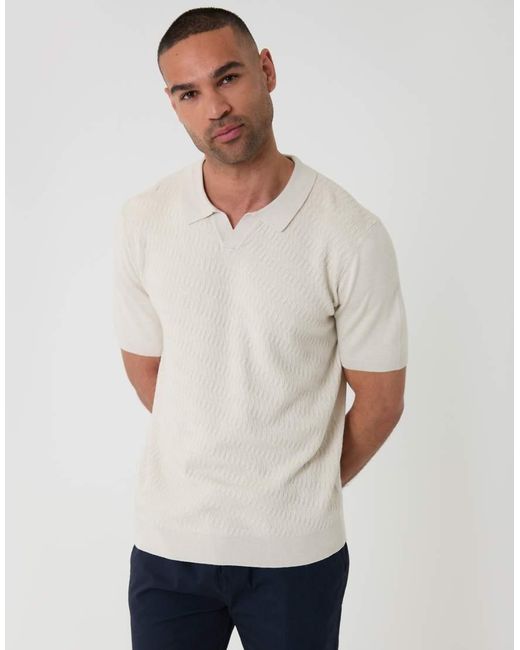 Threadbare White Textured Knit Trophy Neck Polo for men