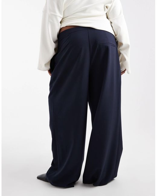 ASOS Blue Curve Tailored Low Rise Wide Leg Trousers With Asymmetric Waistband