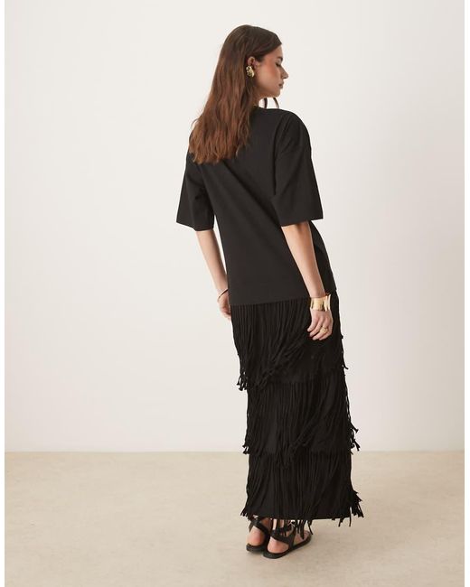 ASOS Midi-Jurk Met T-Shirt Met Lage Ronde Hals En Rok Met Franje in het Natural