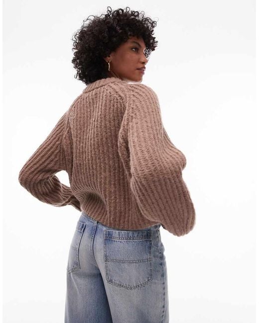 TOPSHOP Brown Knit Chunky Crew Neck Cardigan