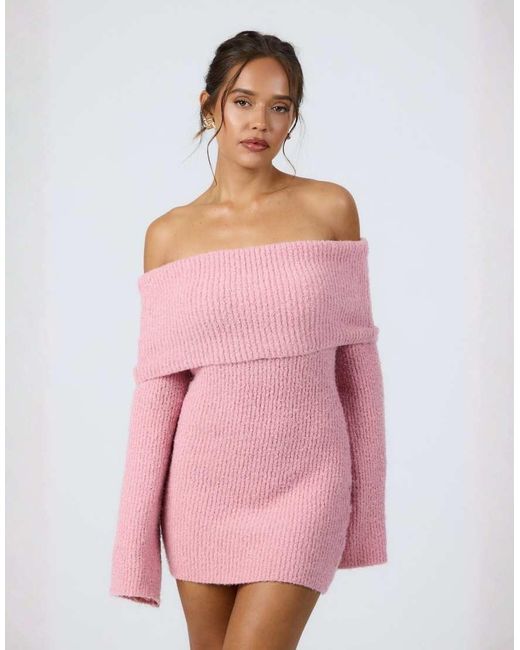 Aria Cove Gebreide Mini Trui-Jurk Met Bardot-Hals in het Pink