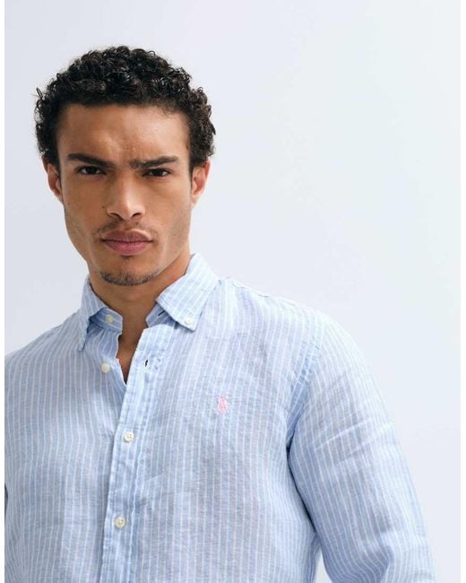 Polo Ralph Lauren White Icon Logo Striped Linen Long Sleeve Shirt for men
