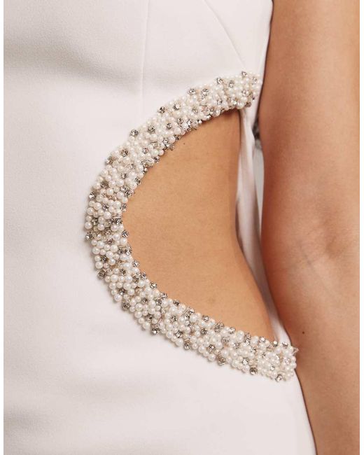 Wanderdoll Natural Crystal Bridal High Neck Cut Out Rhinestone Detailing Short Sleeve Maxi Dress