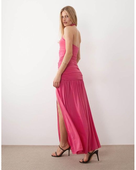 Ruched & Ready Pink Sculpting Ruched Body Draped Hem Open Slit Maxi Dress