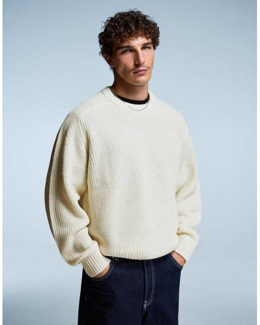 Bershka White Purl Knit Wool Blend Sweater for men