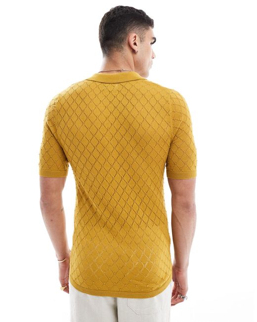 ASOS Yellow Knitted Short Sleeve Polo With Diamond Texture for men