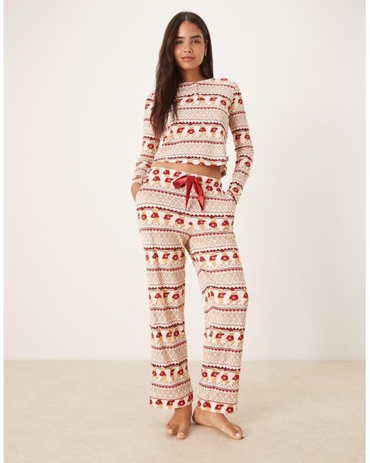 Chelsea Peers Pink Christmas Teddy Fairisle Henley And Trouser Pyjama Set