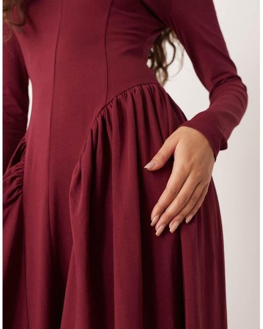 ASOS Red V-neck Long Sleeve Waisted Midi Dress
