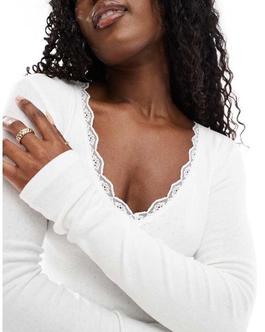 Cotton On White Cotton On Lace Trim Long Sleeve Waffle Sleep Top