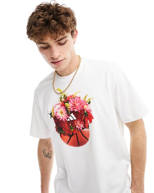 Adidas Originals White Adidas Basketball Floral Graphic Short Sleeve T-shirt for men