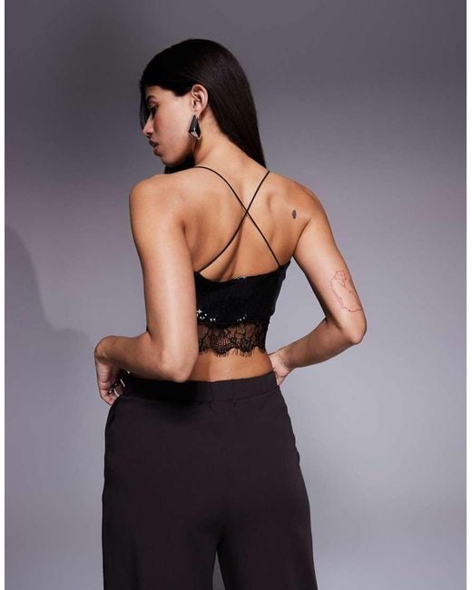 ASOS Black Sequin Cami Top With Lace Trim