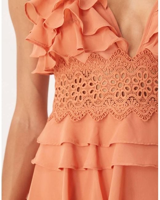 True Decadence Orange Tiered Ruffle V-Neck Maxi Dress