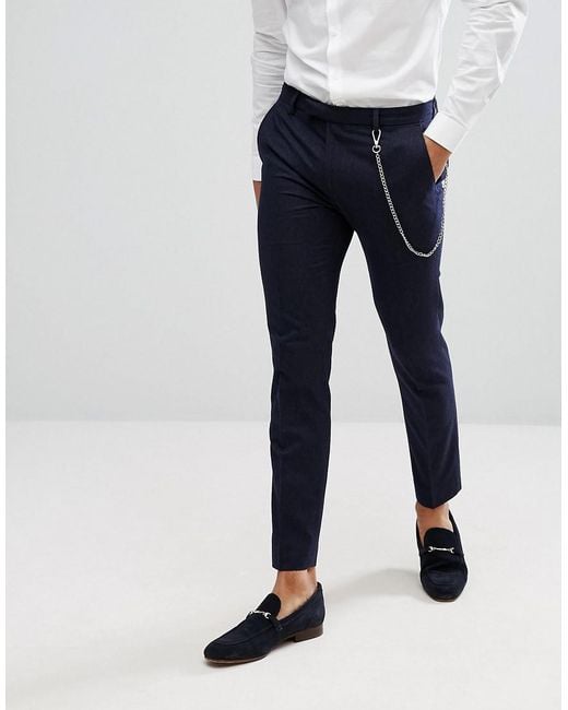 River Island Blue Suit Pants With Chain Detail In Navy Pinstripe for men