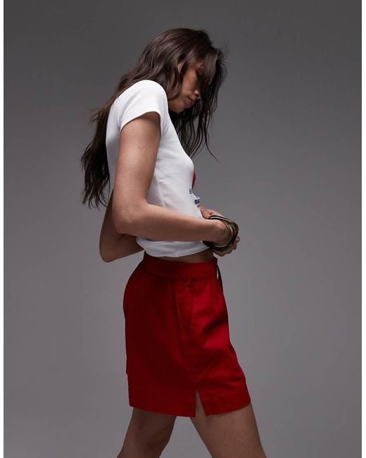 TOPSHOP Red High Rise Drawcord Linen Shorts