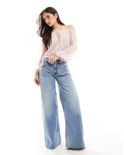 Bershka Bardottop Met Ruches in het Blue