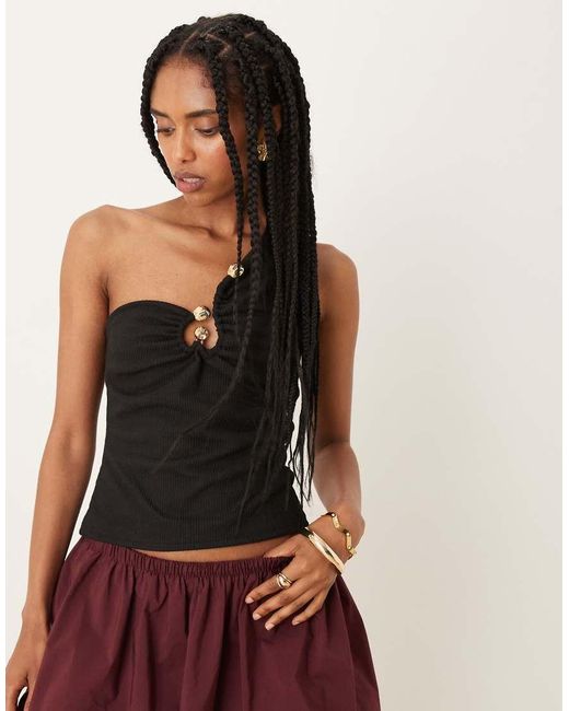 ASOS Black Rib One Shoulder Top With Gold Trim Detail