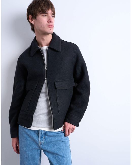 Topman Blue Wool Blend Zip Through Shacket for men