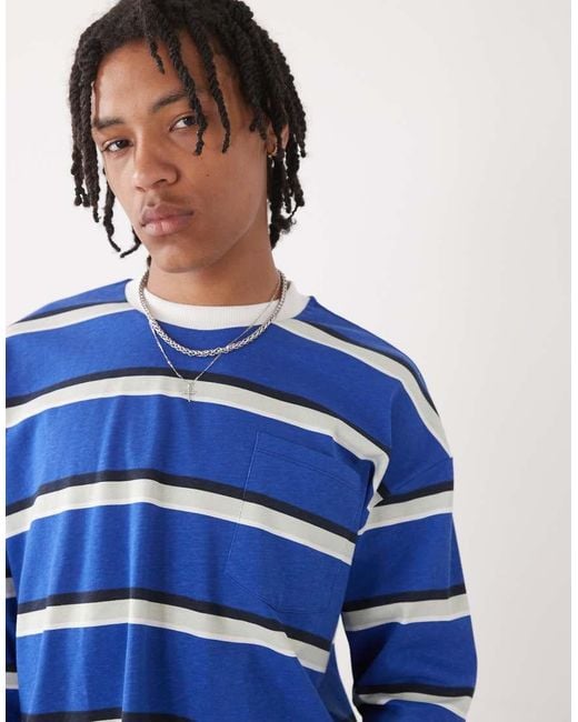 Collusion Blue Long Sleeve Striped T-shirt With Pocket for men