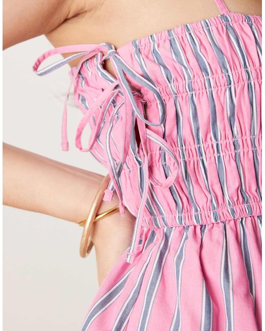 Abercrombie & Fitch Pink – gesmoktes, langes babydoll-kleid aus popeline mit streifen