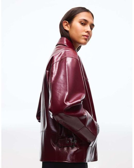 Bershka Red Faux Leather Trucker Jacket