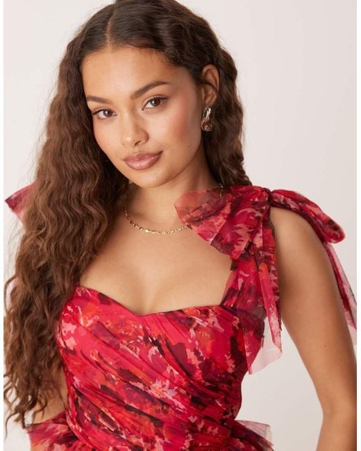 LACE & BEADS Bow Shoulder Tiered Tulle Maxi Dress